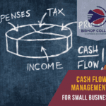 cash flow management diagram including a pie chart showing expenses, tax, profit, income and cash flow. Including a Bishop Collins Logo