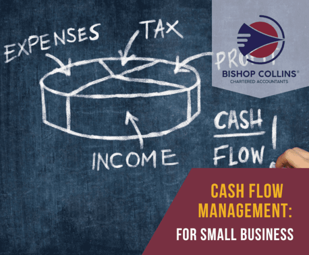 cash flow management diagram including a pie chart showing expenses, tax, profit, income and cash flow. Including a Bishop Collins Logo